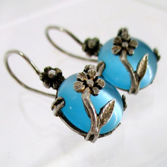 Blue Cat's Eye Threader Hook Floral Wrap Earrings 925 Vintage Sterling Silver - Picture 2 of 4